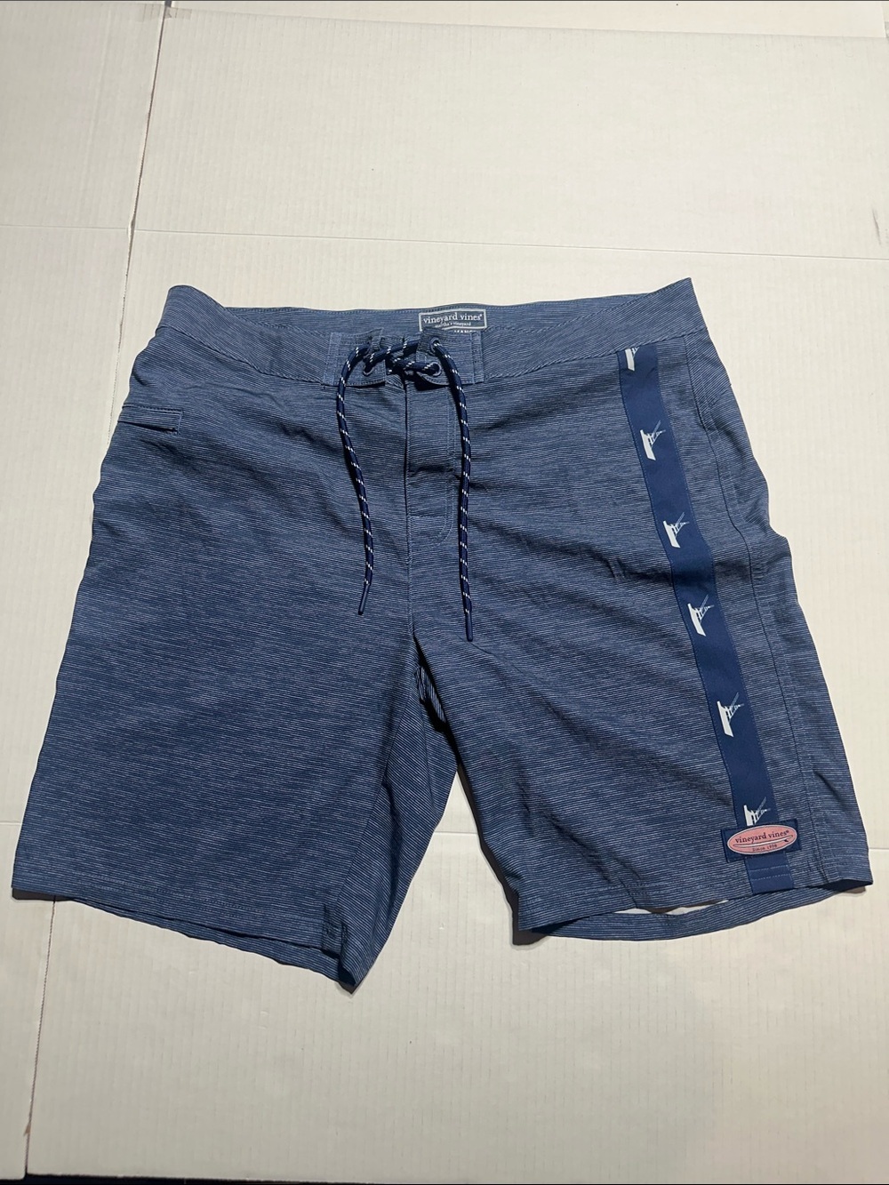 Vineyard Vines Heather Navy Swim Board Shorts with Side Stripe zipper pocket